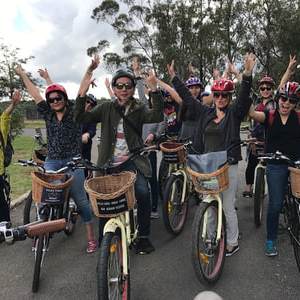 a group of people riding on the back of a bicycle